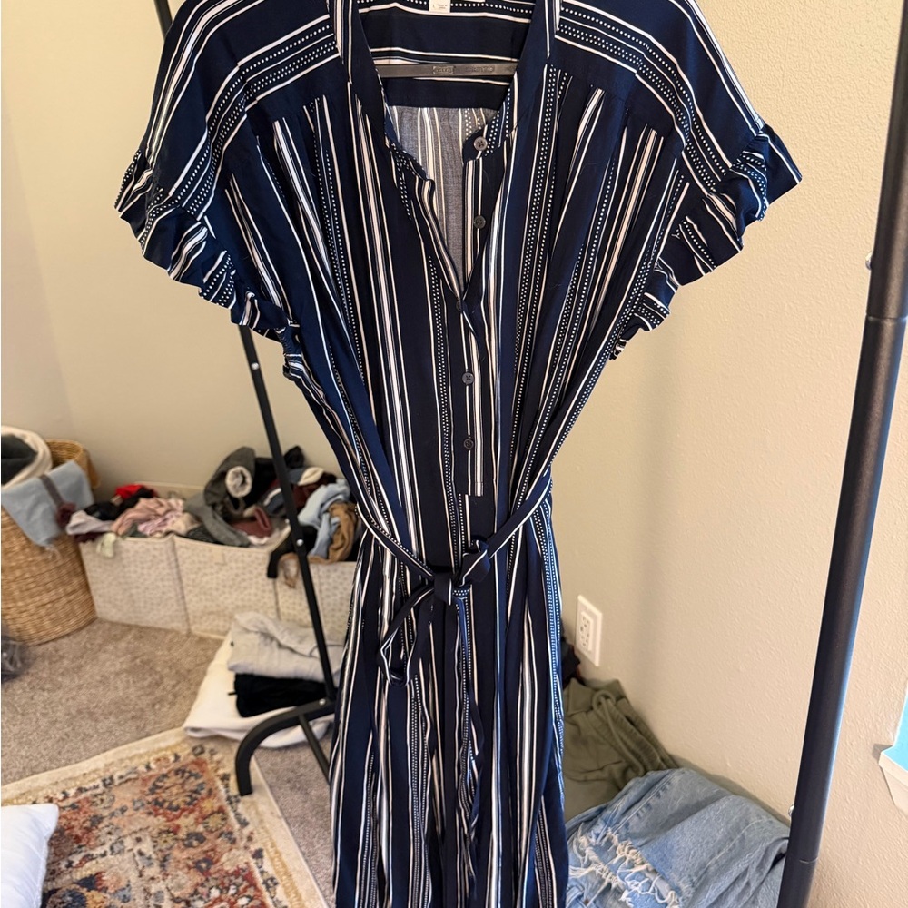 LOFT Navy and White Striped Midi Dress